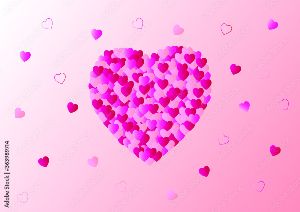 red and pink hearts on pink background for Happy Valentine's Day, greeting card design, love concept, vector illustration