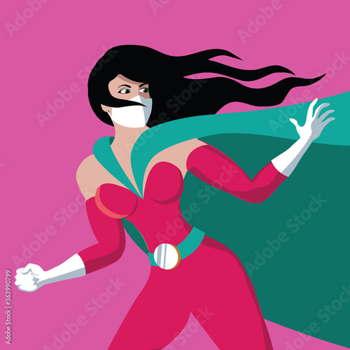 Superhero woman wearing a protective mask over her nose and mouth