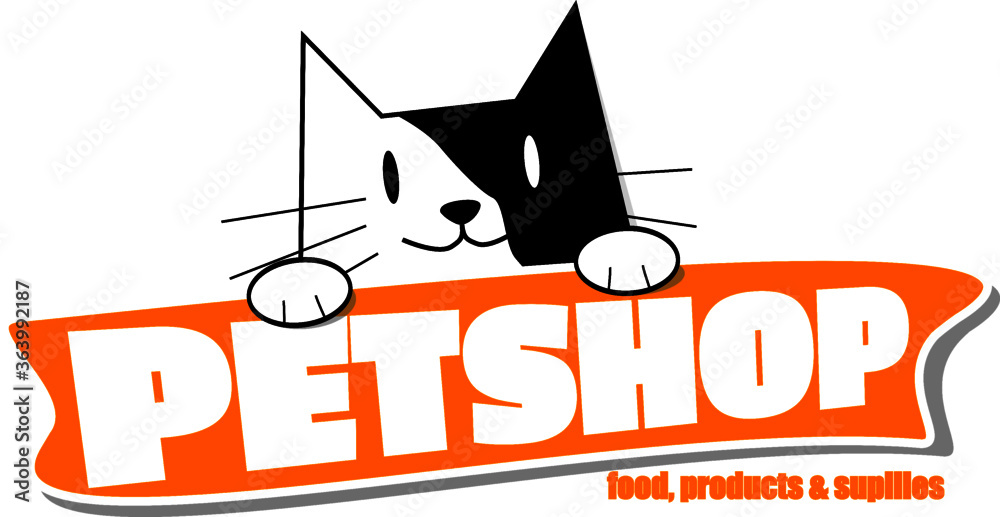 Cartoon black and white cat holding orange pet shop board, pet shop