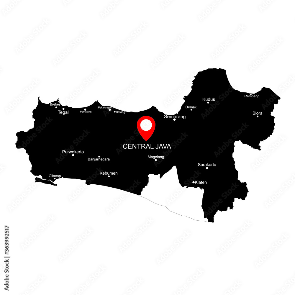 Black and white maps of Central Java in Java Island with location icon ...