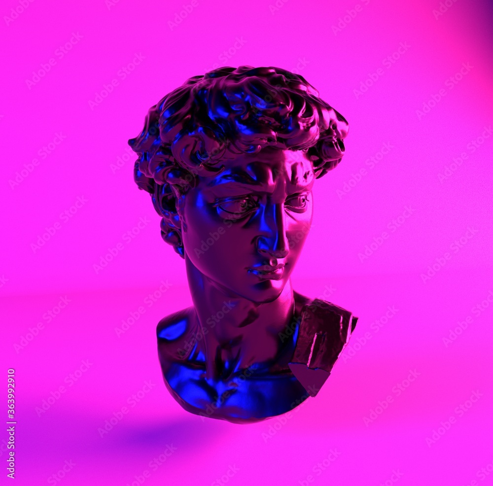 3D rendering of Michelangelo's David head in neon lightning. Classical sculpture in vaporwave retrofuturistic style.
