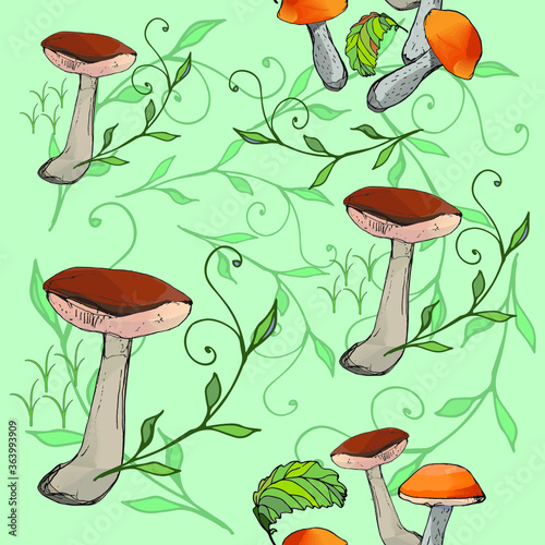 Mushrooms edible vegetarian organic mushrooms seamless pattern,  illustration. Chanterelles, boletus, orange-cap boletus mushrooms.