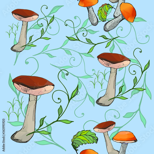 Mushrooms edible vegetarian organic mushrooms seamless pattern,  illustration. Chanterelles, boletus, orange-cap boletus mushrooms.