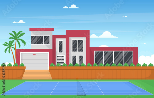 Outdoor Tennis Court Sport Game Recreation Cartoon Villa House Landscape