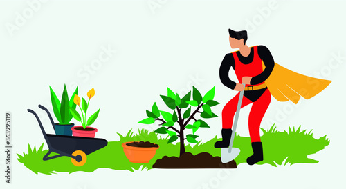 superhero planting a tree in the garden, vector illustration, flat design