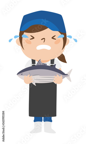 カツオを持って泣いてる女性の魚屋さんのイラスト。