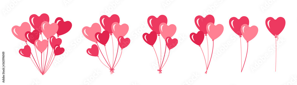 Bunch of balloons set. Romantic surprise gift shape heart ballon. Pink bunches and groups helium balloons. Valentines day party design cartoon flat collection. Isolated vector illustration