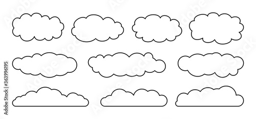 Cloud set. Sketch flat cartoon style. Line abstract elements, cloudy collection. Label, symbol, shape different contour clouds sky. Symbol for design, logo or app. Isolated vector illustration