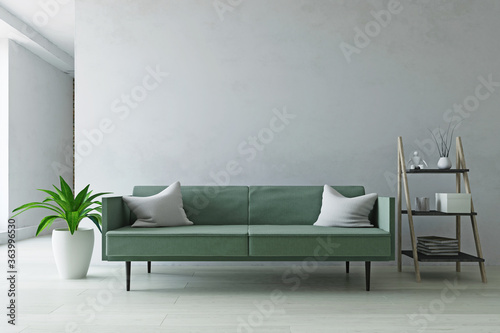 Green Sofa, Plant and Shelf near the Old White Wall 3D Illustration