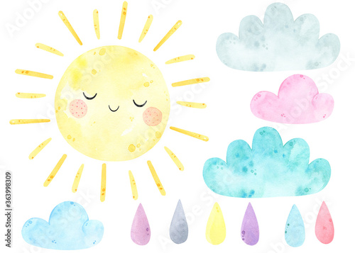 Watercolor cute sun, clouds, drop, rain weather watercolor set.  Sunny, sunshine, sky, sweet dreams. Watercolor prints, baby shower, greeting card. Hand drawn illustration. Nursery decor. Scandinavian