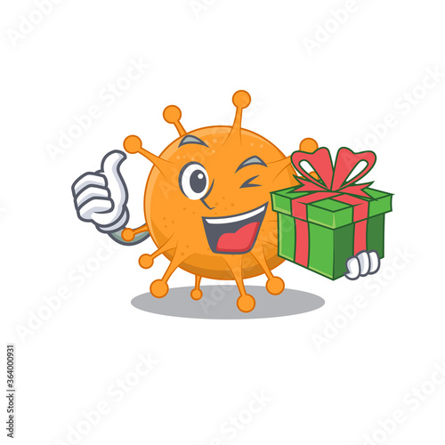 joyful anaplasma cartoon character with a big gift box