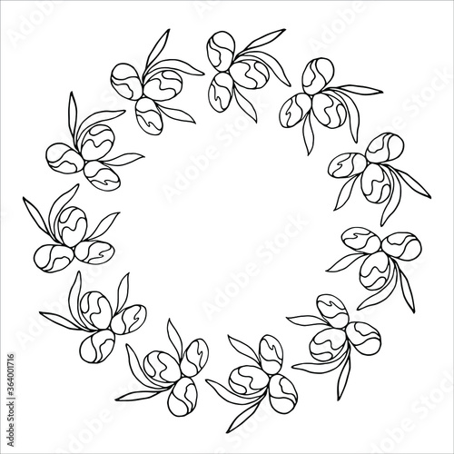Round frame wreath of olive leaves and berries. A black-and-white outline drawing of plant elements. Vector image.