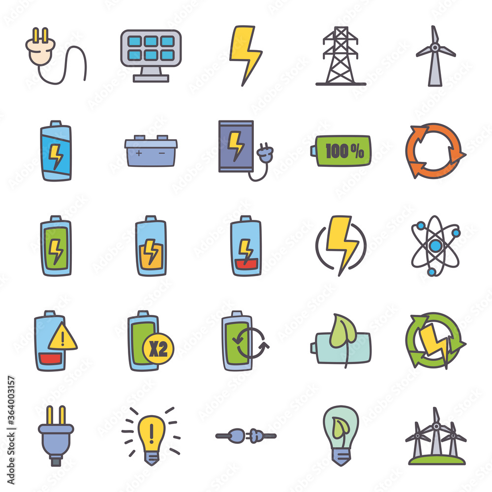 eco energy and power line and fill style icon set vector design eco energy and power line and fill style icon set vector design