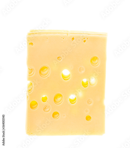 Slices of cheese with holes isolated on white background
