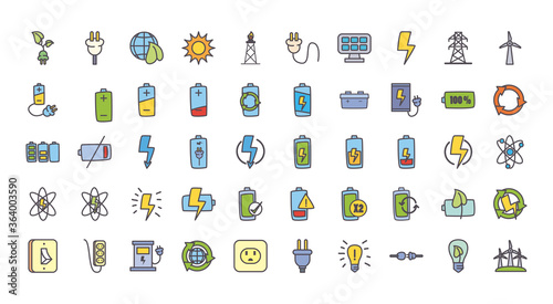 eco energy and power line and fill style icon set vector design