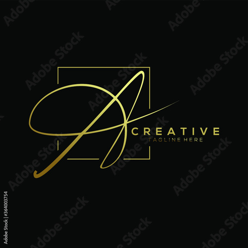 Minimalist Gold Signature Letter A Logo Design With Squareline Background