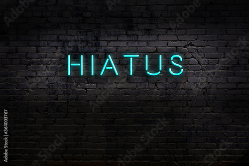 Night view of neon sign on brick wall with inscription hiatus