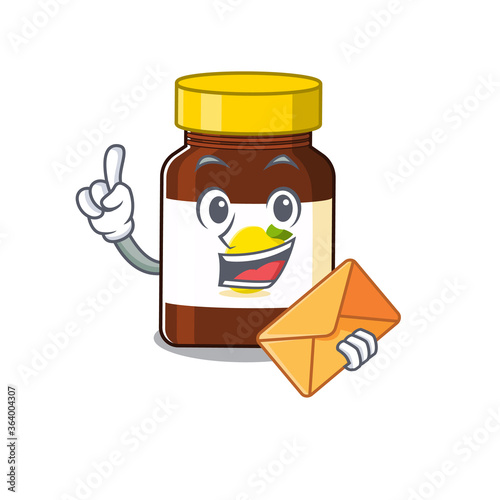 A picture of cheerful bottle vitamin c cartoon design with brown envelope