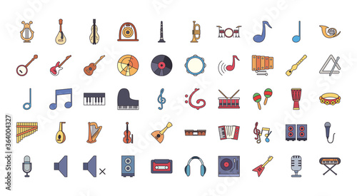 Music instruments line and fill style icon set vector design
