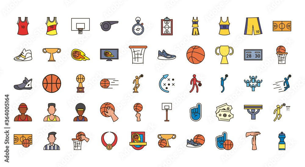 basketball line and fill style icon set vector design