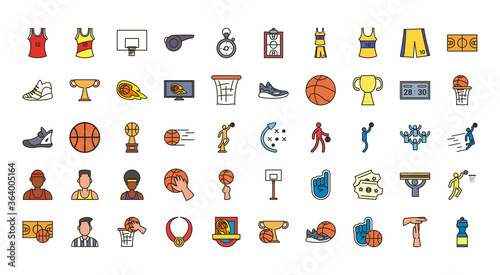 basketball line and fill style icon set vector design