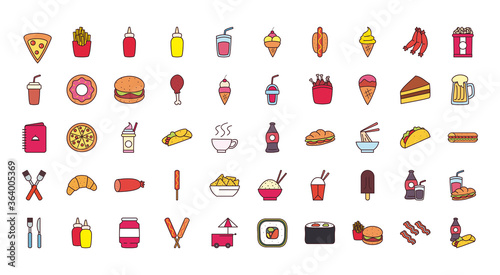 fast food line and fill style icon set vector design