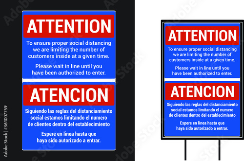 Attention for your safety keeps 6 feet distance between you and other Social Awareness vector yard sign design template English & Spanish language. Pandemic Novel Corona Virus 2020.