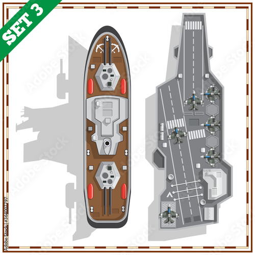 A set of warships. View from above. Isolated on white background. Vector illustration.