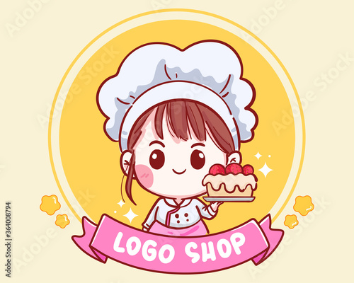 Cute Bakery Chef girl smiling cartoon art holding Cake Strawberry illustration logo. Premium Vector