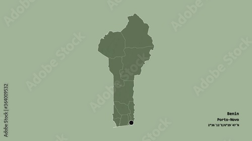 Kouffo, department of Benin, with its capital, localized, outlined and zoomed with informative overlays on a administrative map in the Stereographic projection. Animation 3D photo