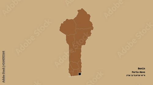 Kouffo, department of Benin, with its capital, localized, outlined and zoomed with informative overlays on a solid patterned map in the Stereographic projection. Animation 3D photo
