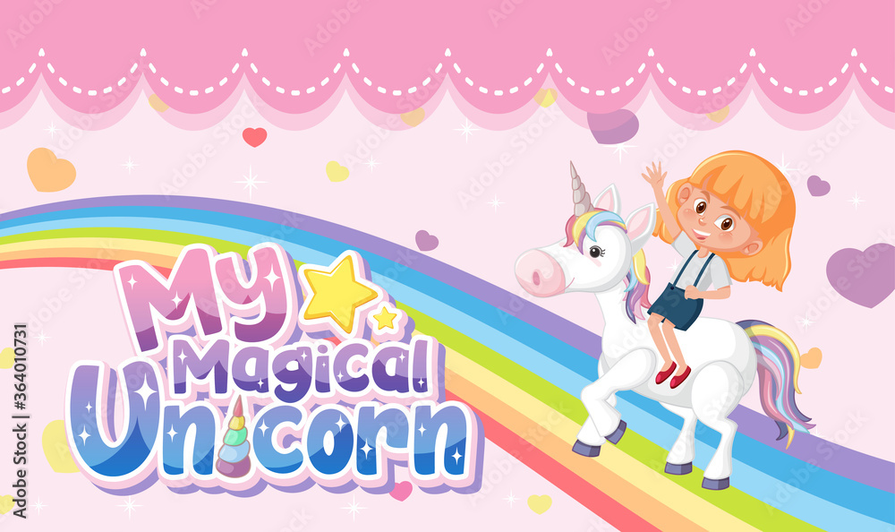 Little princess logo with girl riding on unicorn on pink pastel background