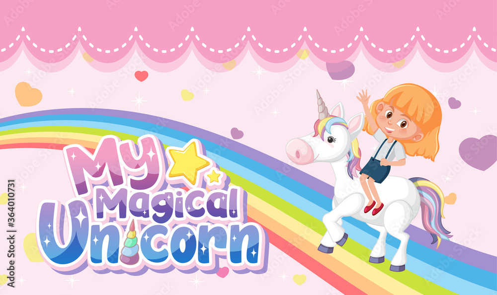 Little princess logo with girl riding on unicorn on pink pastel background Little princess logo with girl riding on unicorn on pink pastel background
