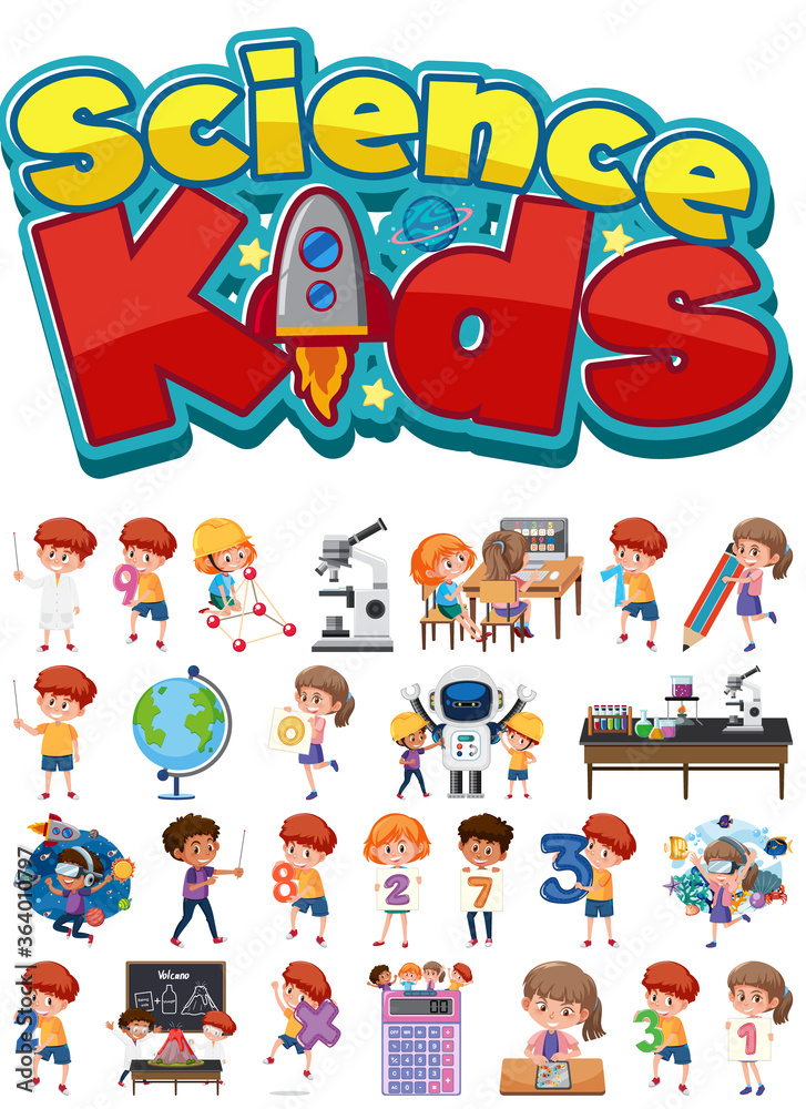 Science kids logo and set of children with education objects isolated