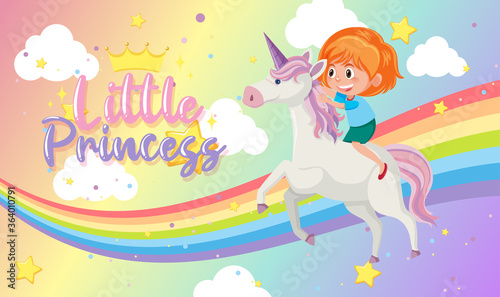 Little princess logo with girl riding on unicorn on blank rainbow pastel background