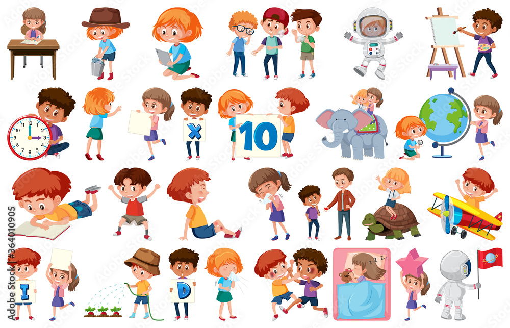 Large set of children doing different activities on white background