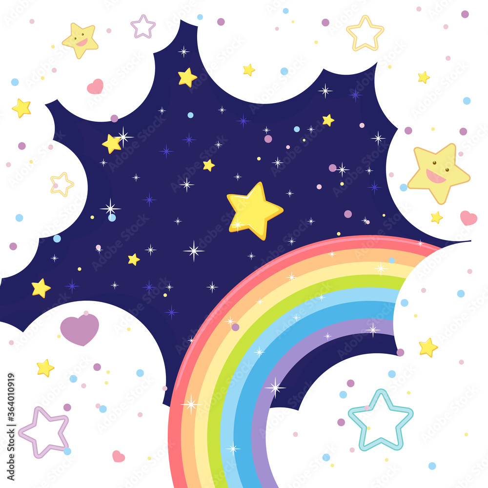 Blank cloud frame with smiley cute stars and rainbow and blank night sky in the middle Blank cloud frame with smiley cute stars and rainbow and blank night sky in the middle