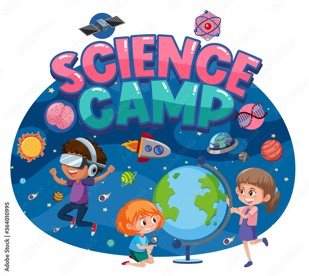 Science camp logo with kids and space objects in space isolated Science camp logo with kids and space objects in space isolated
