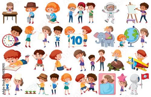 Large set of children doing different activities on white background © brgfx