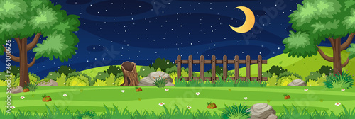 Horizon nature scene or landscape countryside with forest view and moon in the sky at night