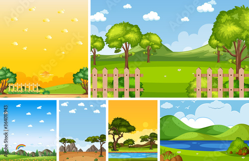 Set of different nature place scene in vertical and horizon scenes at daytime