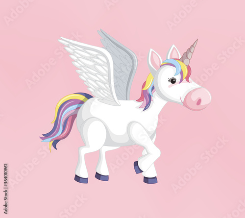 Unicorn or pegasus with rainbow mane and horn isolated on pink background