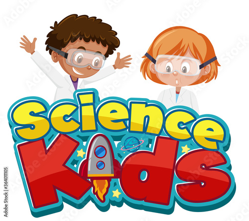Science kids logo with children wearing scientist costume isolated