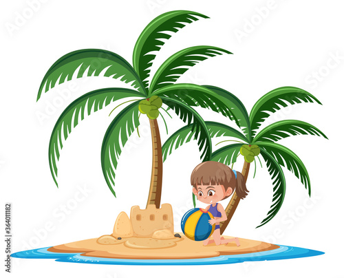 Girl on the tropical island building sand castle cartoon character on white background