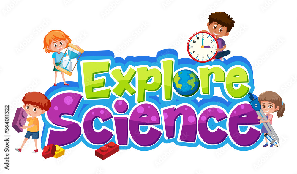 Explore science logo with different kids isolated