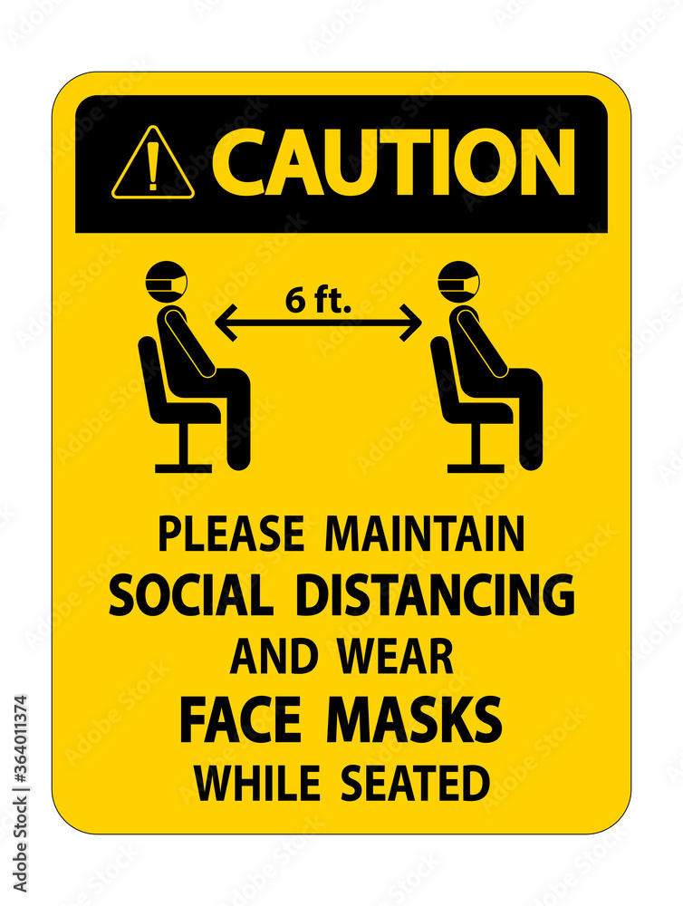 Caution Maintain Social Distancing Wear Face Masks Sign on white background Caution Maintain Social Distancing Wear Face Masks Sign on white background