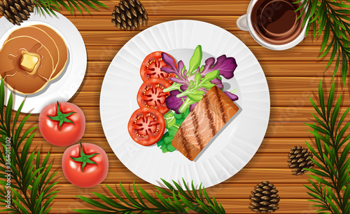 Salmon steak close up on desk background with some vegetable props
