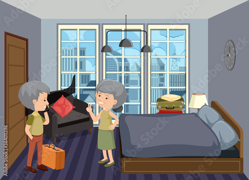 Background scene with old couple staying at home
