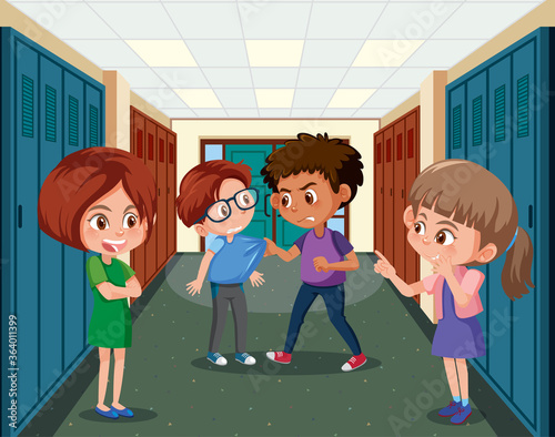 Bully child with bad behavior bullying the boy wearing glasses in the school