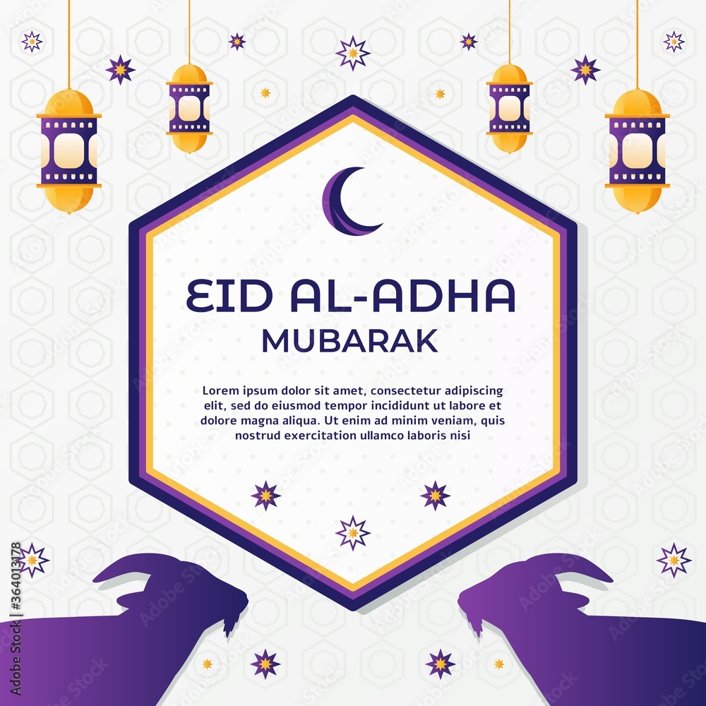 Eid al-Adha Mubarak, banner of Islamic greeting with goat silhouette, lantern ornaments, and beautiful flower Eid al-Adha Mubarak, banner of Islamic greeting with goat silhouette, lantern ornaments, and beautiful flower